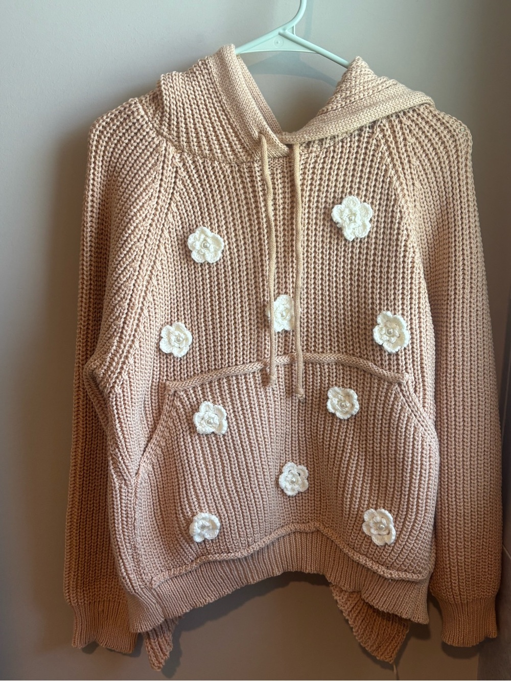 POL light brown Chunky Knit Sweater Hoodie with Crochet Flowers